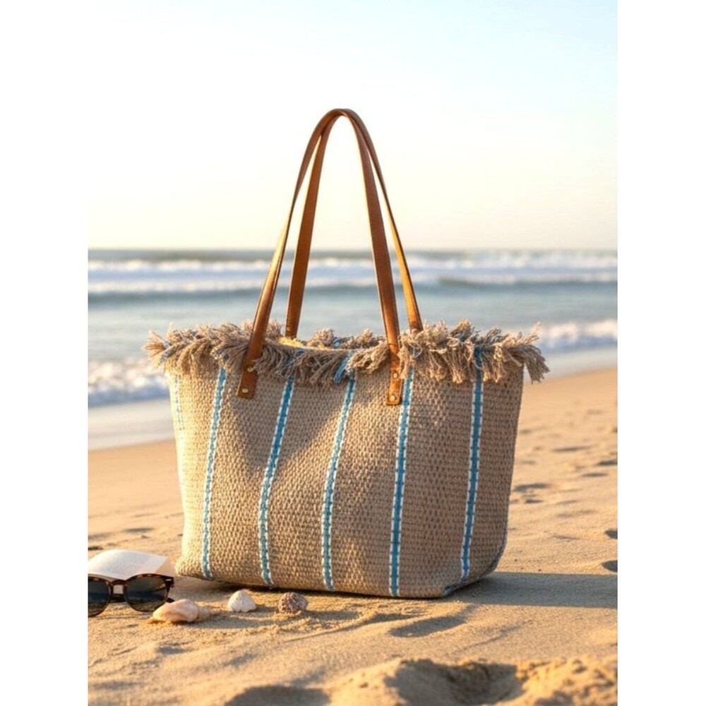 Beige Woven Tote with Blue & White Stripe‎ Detail